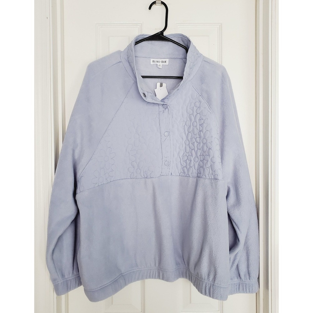 New Olive + Oak Fleece Pullover Blue Quilted Floral Snap Neck Sweatshirt 3X